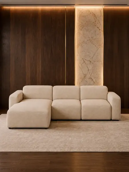 Ekskluzywny narożnik, nowoczesny, designerski, sofa narożna MODERNO ukazujący detal wykończenia. Idealny wybór dla miłośników mebli na zamówienie od Primavera Home.