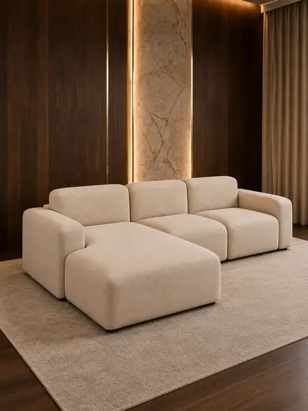 Ekskluzywny narożnik, nowoczesny, designerski, sofa narożna MODERNO w zbliżeniu. Zachwyca detalami i jakością wykonania, świetnie wpisując się w meble na zamówienie od Primavera Home.