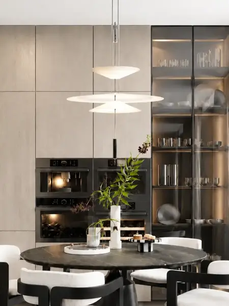 Widok z boku na designerską lampę wiszącą Plater Czarna Nowoczesna Premium, idealną do każdego wnętrza od Primavera Home.