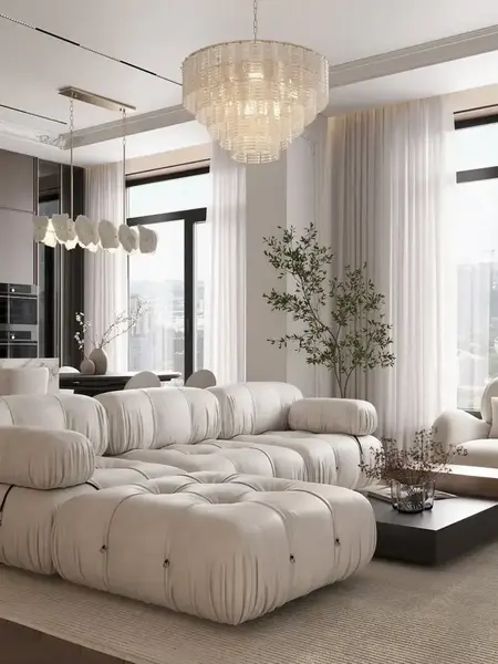 Ekspozycja pełna designerskiego narożnika modułowego boucle NICEA w nowoczesnym wnętrzu. Meble na zamówienie od Primavera Home.