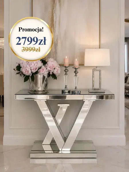 Konsola lustrzana galmour srebrna nowoczesna LV w aranżacji nowoczesnego wnętrza, doskonale dopełniająca elegancki salon. Ekspozycja w salonie od Primavera Home.