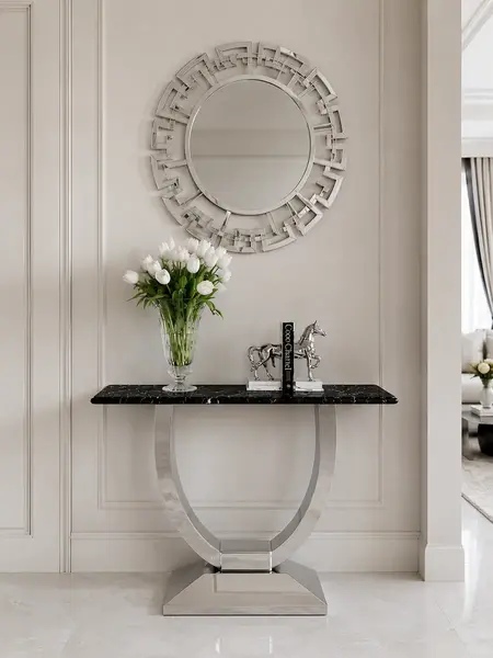 Konsola w stylu nowoczesnym glamour z białym marmurowym blatem srebrna ART DECO w aranżacji salonu. Ekskluzywna ekspozycja od Primavera Home.
