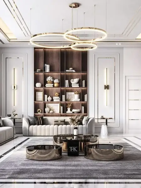 Lampa glamour led okrągła z połyskiem ring regulowana obok mebli na zamówienie. Aranżacja nowoczesnego wnętrza od Primavera Home.