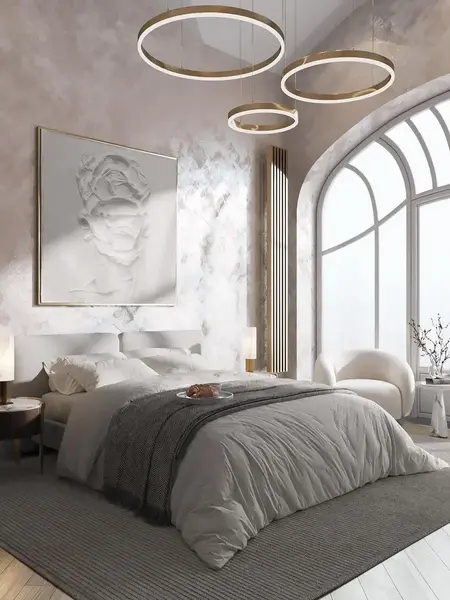 Lampy glamour led okrągłe z połyskiem ring regulowana w aranżacji nowoczesnego wnętrza. Oświetlenie na zamówienie od Primavera Home.