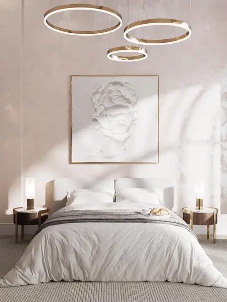 Lampa glamour led okrągła z połyskiem ring regulowana w stylizacji sypialni. Meble na zamówienie od Primavera Home.