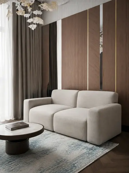 Luksusowa nowoczesna sofa rozkładana do salonu MODERNO z bliska, ukazująca fakturę tapicerki. Detal wykończenia od Primavera Home.