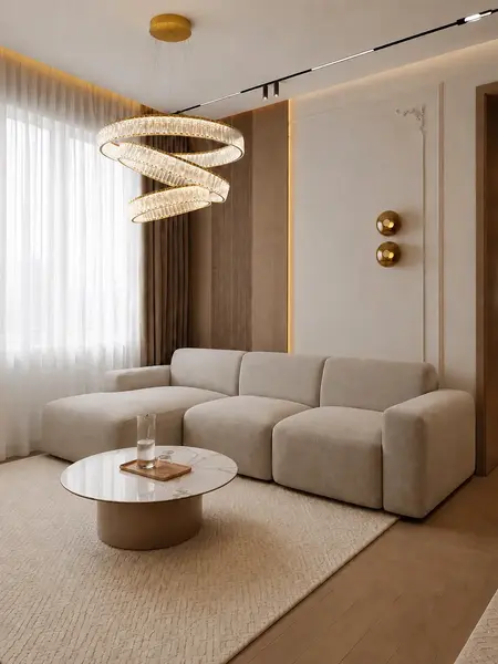 Luksusowa nowoczesna sofa rozkładana do salonu MODERNO widoczna w perspektywie, podkreślająca jej elegancję. Ekspozycja w salonie od Primavera Home.