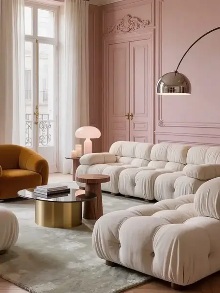 Designerski narożnik modułowy boucle NICEA — aranżacja wnętrza. Primavera Home.