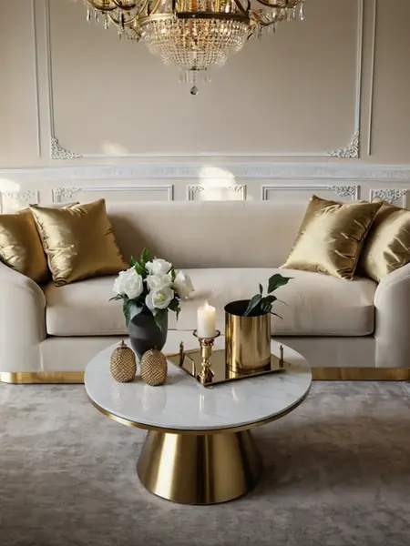 Sofa Beżowa Glamour Aksamitna FLORENCE Złote Nogi w otoczeniu roślin, tworząca przytulną atmosferę. Aranżacja nowoczesnego wnętrza od Primavera Home.