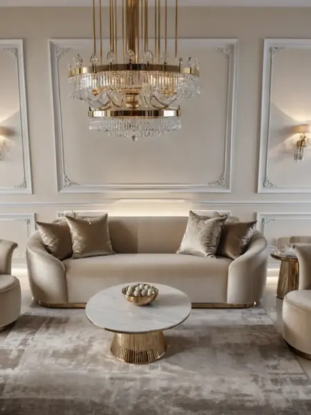 Widok w detalach sofy Beżowa Glamour Aksamitna FLORENCE Złote Nogi, akcentujący jej luksusowy styl. Ekspozycja w salonie od Primavera Home.