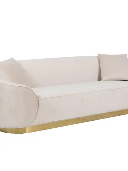 Bliższy widok sofy Beżowa Glamour Aksamitna FLORENCE Złote Nogi, ukazujący jej elegancję i komfort. Ekspozycja w salonie od Primavera Home.