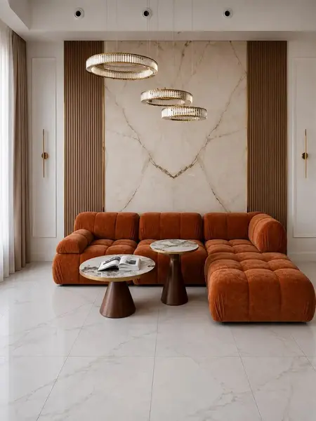 Widok boczny prezentujący designerski narożnik modułowy boucle NICEA w nowoczesnym wnętrzu. Meble na zamówienie w Primavera Home.