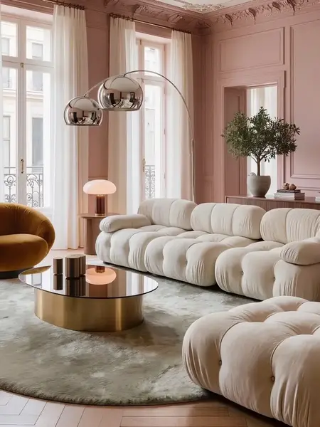 Designerski narożnik modułowy boucle NICEA — aranżacja wnętrza. Primavera Home.
