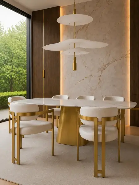 Minimalistyczna aranżacja z żyrandolem Plater. Oświetlenie na zamówienie od Primavera Home.