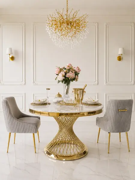 Detal wykończenia designerskiego krzesła tapicerowanego z kołatką, które zapewnia elegancję i komfort. Meble na zamówienie od Primavera Home.
