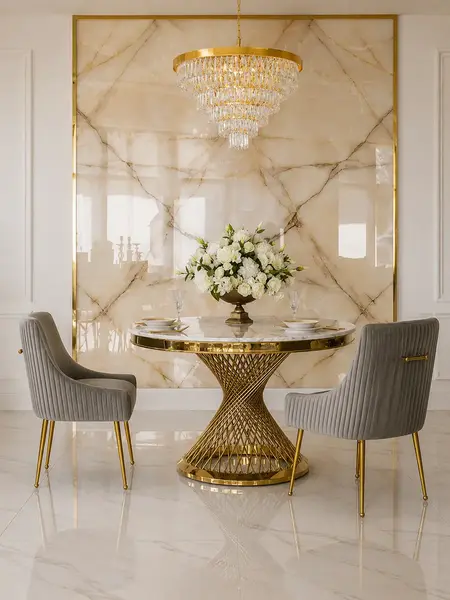 Widok z boku na designerskie krzesło tapicerowane, z kołatką, nowoczesne i glamour, idealne do jadalni lub toaletki, od Primavera Home.