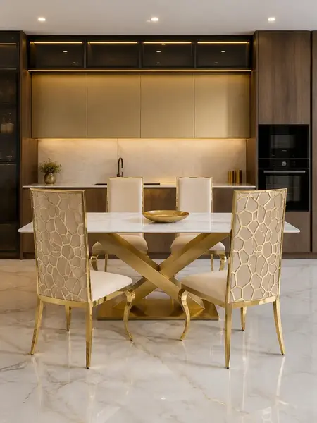 Widok z tyłu krzesła glamour VITA złote beżowe do jadalni, podkreślający jego elegancki design. Ekspozycja w salonie od Primavera Home.