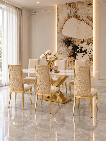 Zbliżenie na beżowy velvet na krześle glamour VITA złote beżowe do jadalni. Detal wykończenia od Primavera Home.