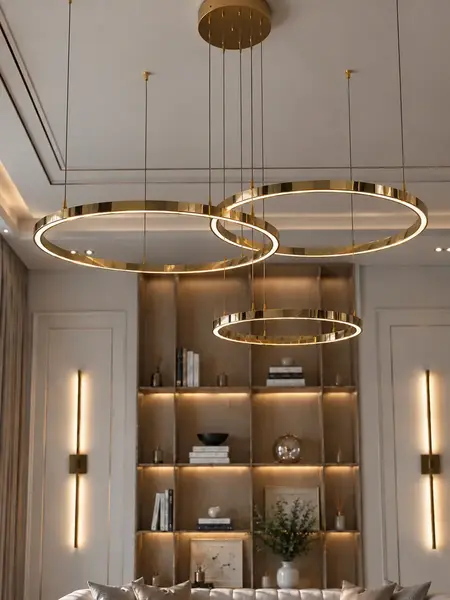 Ekspozycja w showroomie lampy glamour led GALASSIA okrągła z połyskiem ringi, regulowana, nowoczesna, loft do salonu złota OUTLET. Oświetlenie na zamówienie od Primavera Home.