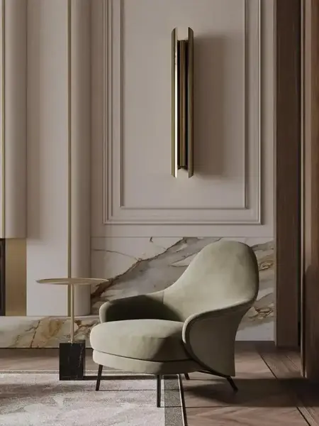 Designerski Fotel Linea z Podnóżkiem – Nowoczesny i Tapicerowany w prezentacji w nowoczesnym salonie. Aranżacja nowoczesnego wnętrza od Primavera Home.