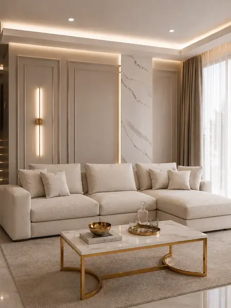 Nowoczesny narożnik modułowy wygodna aksamitna kanapa w stylu włoskim FIGARO w showroomie. Elegancka ekspozycja i nowoczesny design od Primavera Home.