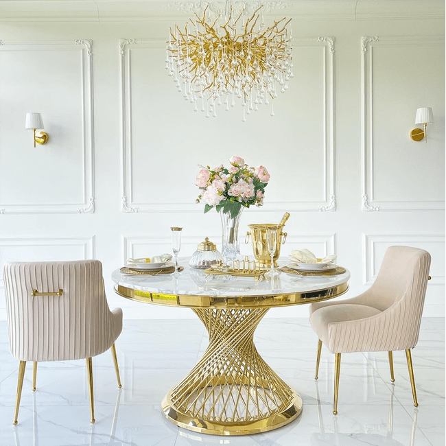 Design table ANTONIO 130 cm round steel for the dining room with a white, black marble top, modern glamor gold 