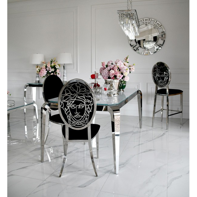 Design glamor table with a glass top, steel, modern, silver ELITE 