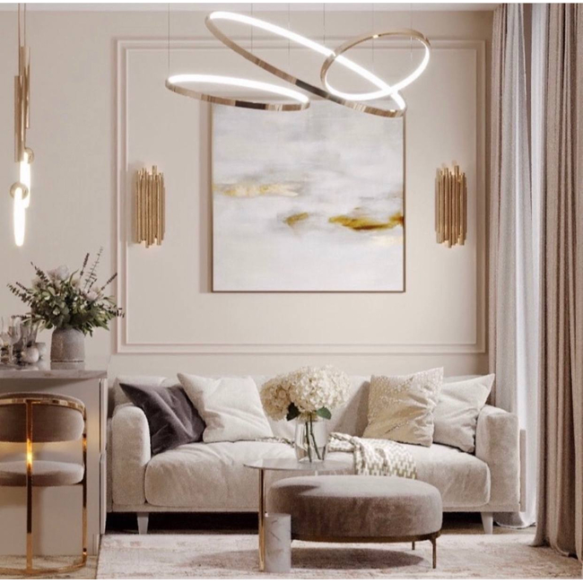 LED glamor lamp round with gloss ring adjustable, modern, loft gold for the living room GALASSIA ring 80cm 