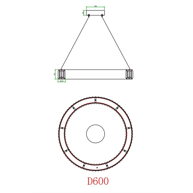 Żyrandol kryształowy ECLIPSE S 60cm, ring, złoty, lampa wisząca glamour nowoczesna do salonu, regulowana 