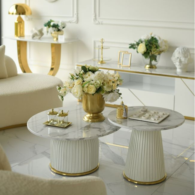 Coffee table, round, designer, glamor, for the living room, beige, gold, KENDALL table set 