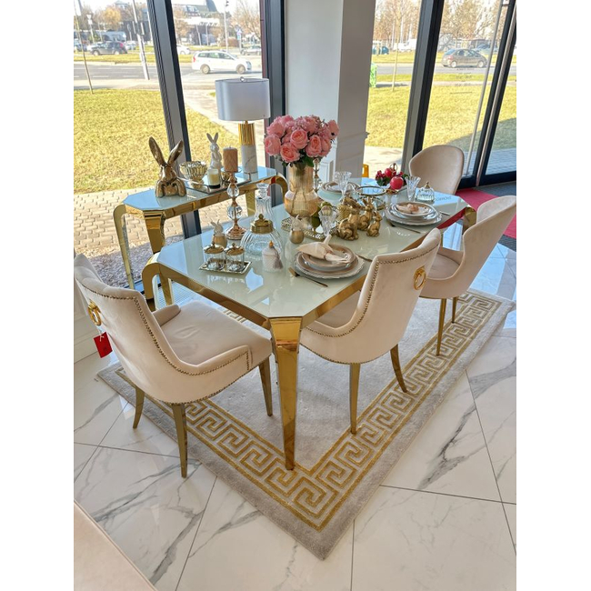 Designer dining table, glamor, with a glass top, steel, gold ELITE 