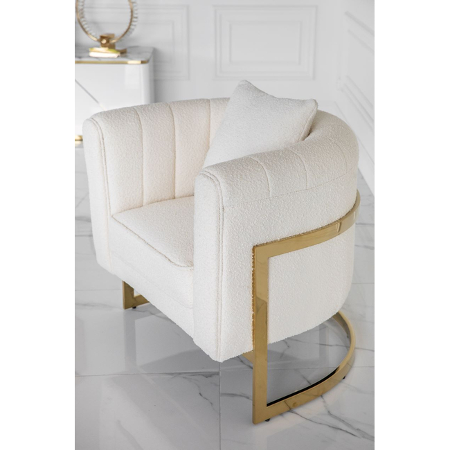 Modern, stylish, designer glamor armchair for the living room and dining room, beige and gold boucle BENT 