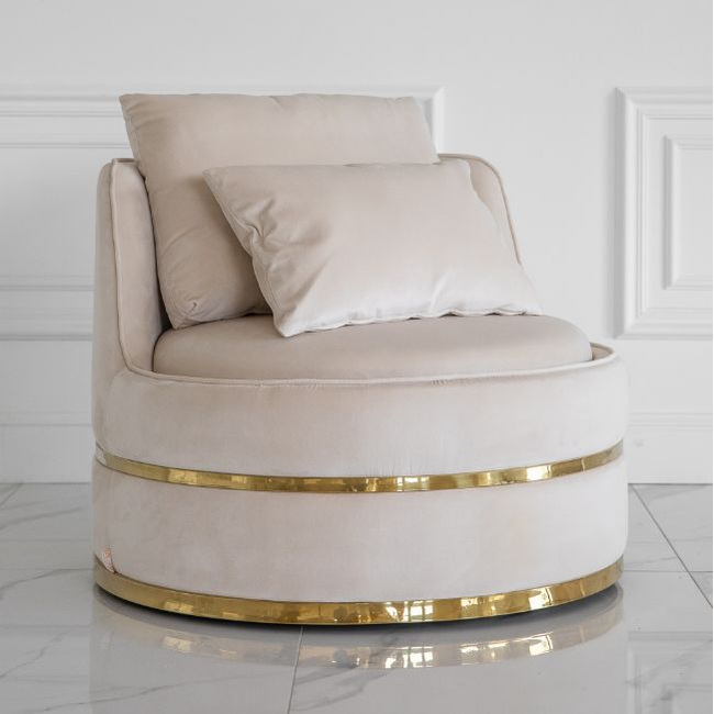 Stylish armchair ROUND stone swivel velvet beige gold 91x92x71cm 