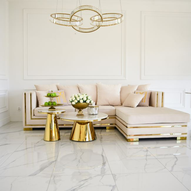 BOND glamor coffee table, gold with a white marble top 