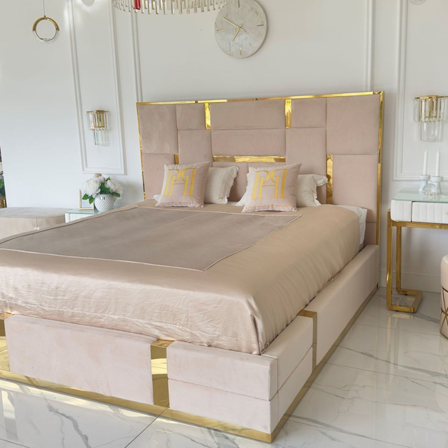 Upholstered glamor bed, modern, with a gold slat, beige 180x200cm EMPORIO 