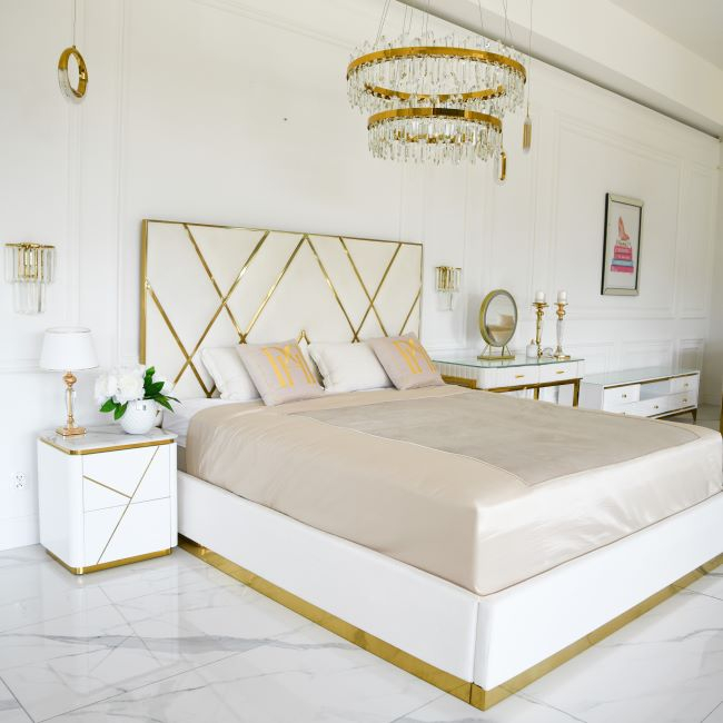 Upholstered glamor bed, modern, with a gold slat, white 180x200cm IMPERIAL 