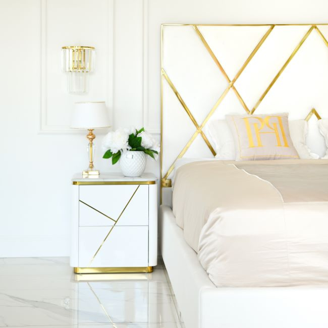 Upholstered glamor bed, modern, with a gold slat, white 180x200cm IMPERIAL 