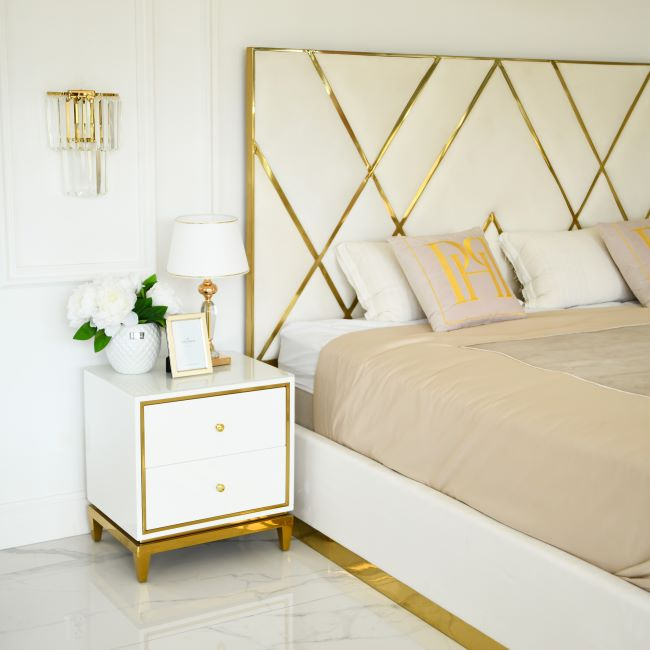 Upholstered glamor bed, modern, with a gold slat, white 180x200cm IMPERIAL 