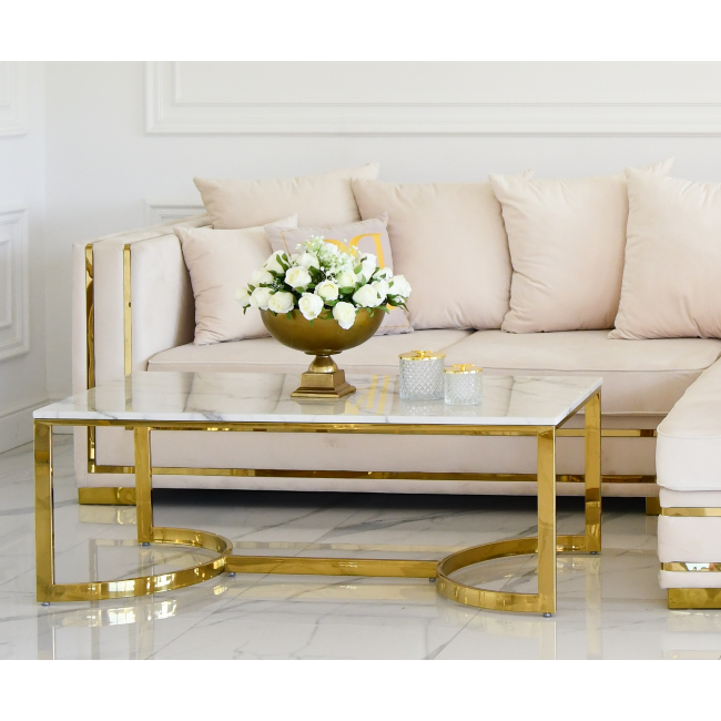 Glamouröser Couchtisch, modern, weißer Marmor, goldener LOLA-Tisch 