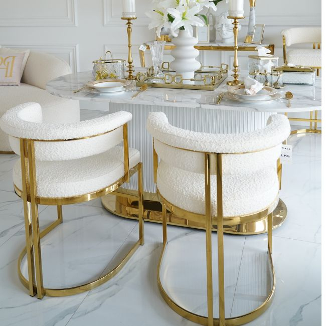 Designer glamor chair, gold, boucle, for the dining room, modern, half-round, for the dressing table, steel MARCO [CLONE] 