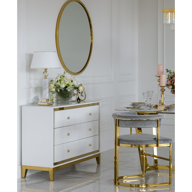 Lorenzo M Gold Glamour wooden lacquered chest of drawers with steel legs 