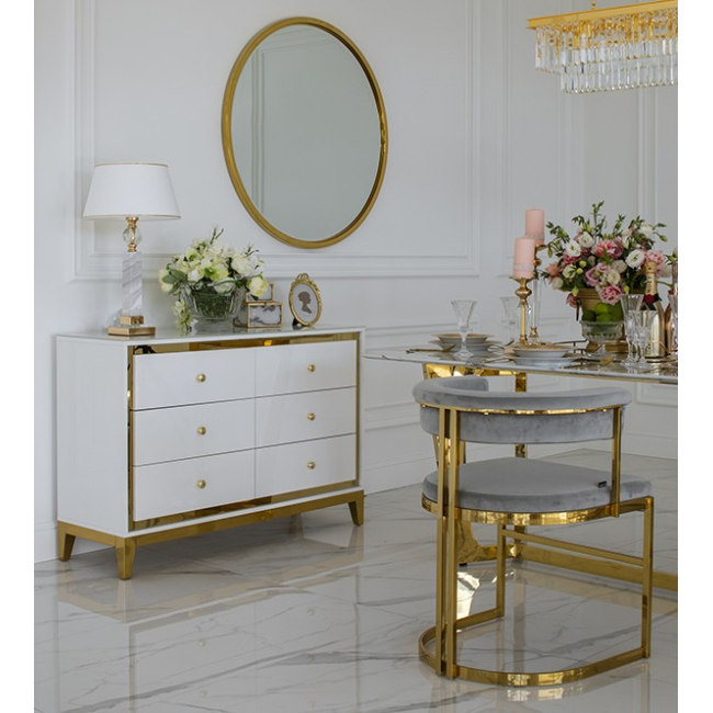 Lorenzo M Gold Glamour wooden lacquered chest of drawers with steel legs 