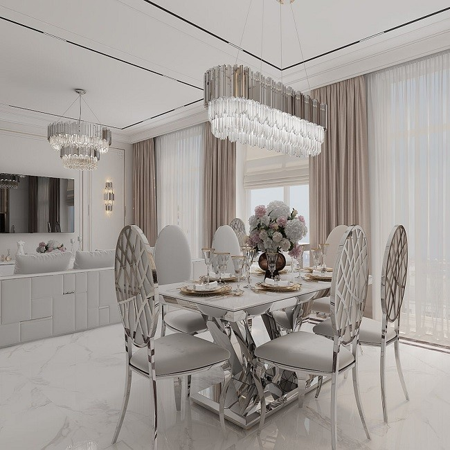 Glamorous EMPIRE chandelier 90 cm crystal luxury elongated for dining room pendant lamp, silver OUTLET 