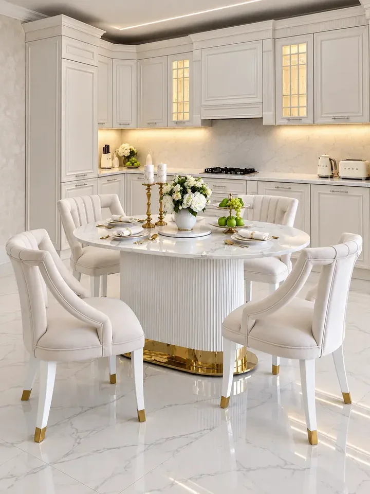 Stół biały złoty z marmurowym blatem, glamour do jadalni, nowoczesny, designerski ROYAL