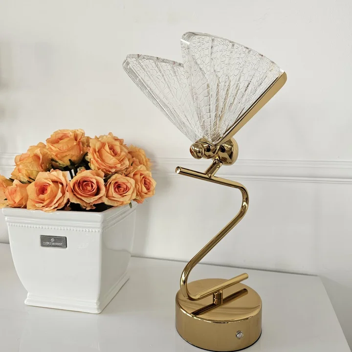 Lampa stołowa kryształowa MOTYL, złota, lampa nocna glamour, nowoczesna