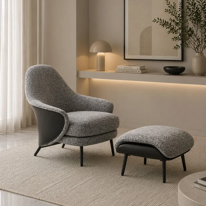 Fotel designerski tapicerowany z podnóżkiem nowoczesny komplet relaksacyjny LINEA