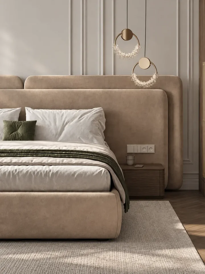 Ekskluzywne Łóżko Serena – Tapicerowane z Designerskim Wezgłowiem w perspektywie, podkreślające jego elegancję i formę. Detal wykończenia od Primavera Home.