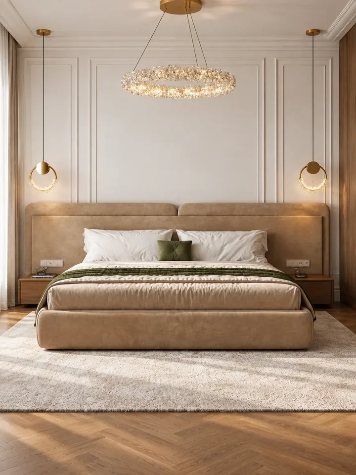 Ekskluzywne Łóżko Serena – Tapicerowane z Designerskim Wezgłowiem ukazane z boku, podkreślające elegancką sylwetkę. Meble na zamówienie od Primavera Home.