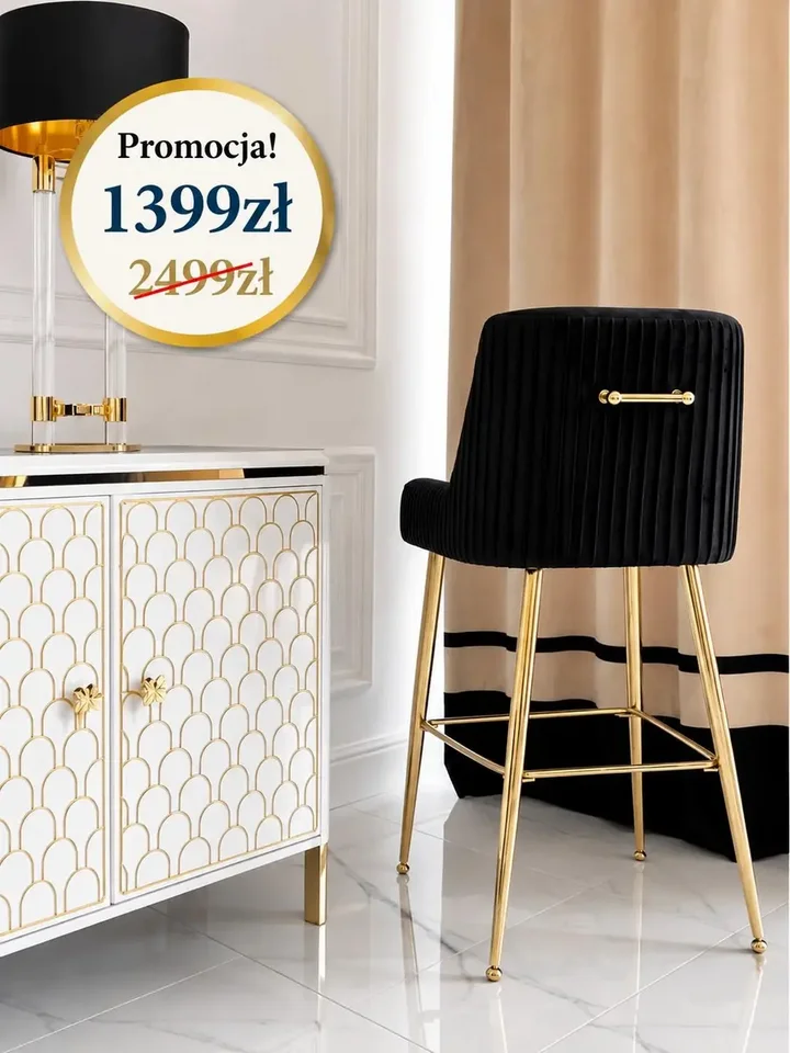 Nowoczesny hoker glamour w tkaninie velvet czarny złoty PALOMA w ujęciu z przodu. Oświetlenie na zamówienie od Primavera Home.