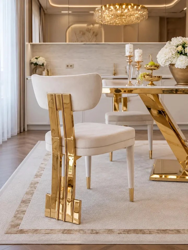 Widok z góry na Krzesło Złote Beżowe Welurowe EMPIRE, ukazujący jego nowoczesny design. Meble na zamówienie od Primavera Home.